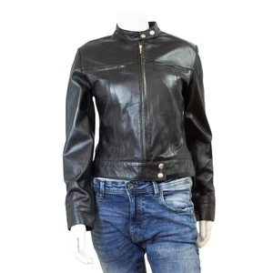 Chaqueta de motociclista bomber calce ceñido de cuero envejecido negra Feminin Touch para mujer - Imagen 1 de 7