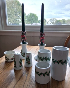 10 pc Vtg - 6 Candle Stick Holders - Salt Pepper Shakers - 2 Candles Holly Berry - Picture 1 of 6