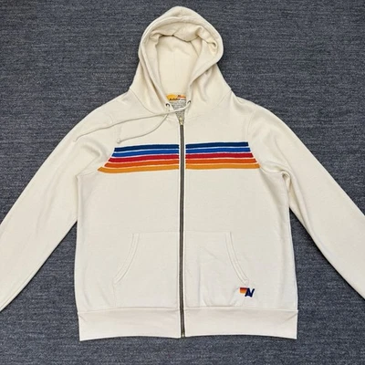 Aviator Nation Five Stripe Rainbow Hoodie Full Zip XL Unisex Vintage White - Image 1 of 4