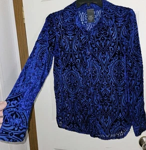 Covington Blue Burnout Velvet Button Up Blouse Whimsigoth Fairycore Victorian PM - Picture 1 of 8