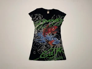 Ed Hardy Damen Meerjungfrau Mini T Shirt Kleid tailliert Rundhals Y2K M RAR schwarz AOP - Bild 1 von 9