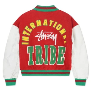 Chaqueta universitaria unisex de lana y cuero estilo tribu retro 1990 para hombre - roja/blanca - Imagen 1 de 4