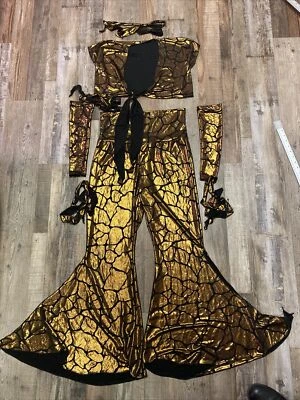 8 Pc Sexy Giraffe Women's Costume Tie Top Flare Pants Arm Sleeves Ties Gold Foil - Image 1 of 4