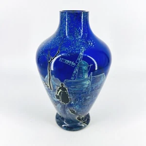 Antike Jugendstil Beyermann & Haida Blau Glas Holländische Windmühle Szene Vase - Bild 1 von 11