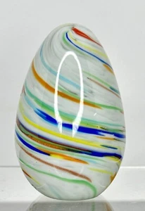Hand Blown Paperweight Small Egg Shape White with Multi Color Swirls MSH 88 - Picture 1 of 6