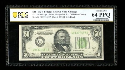 DBR 1934 $50 DGS FRN Chicago Fr. 2102-Gdgs PCGS-B 64 PPQ Serial G01332452A - Image 1 of 2