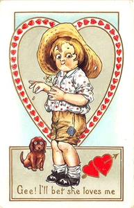 Valentine Puppy "Gee! I'll bet she loves me" 1916 Embossed Postcard - Picture 1 of 2