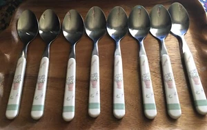 Pfaltzgraff FLOWER GARDEN Green Ivory Plastic Stainless PLACE 8 SOUP SPOONS - Picture 1 of 3