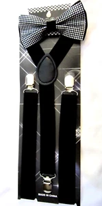 UNISEX BLACK SILVER STUDDED TUXEDO BOW TIE+BLACK ADJUSTABLE SUSPENDERS COMBO SET - Picture 1 of 2