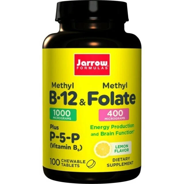 Jarrow Formulas Methyl B12 & Methyl Folate Dietary Supplement with Lemon Flavor (Pack of 100 Chewable Tablets)