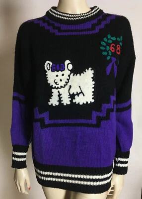 1990s Vintage NOS Symbolic Ricki Preppy Novelty Dog Puppy Oversize Sweater L - Image 1 of 4