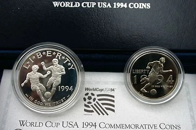 1994 World Cup Soccer Proof 2 Coin Set 90% Silver Dollar and 50 Cent Box and COA - Image 1 of 3
