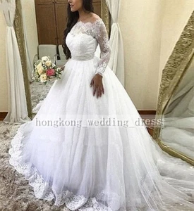 Plus Size Lace Scalloped Neck A-line Long Sleeves Wedding Bridal Dress Custom - Picture 1 of 4
