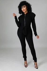 Black Knit Sweater 3D Shoulder Pad Belted Fron Zip Hooded Jumpsuit S/M - Picture 1 of 6