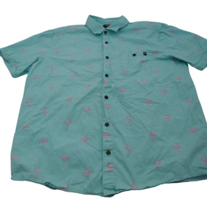Hurley Shirt Men's Large Turquoise With Pink Flamingos Button Up Short Sleeve - Picture 1 of 7