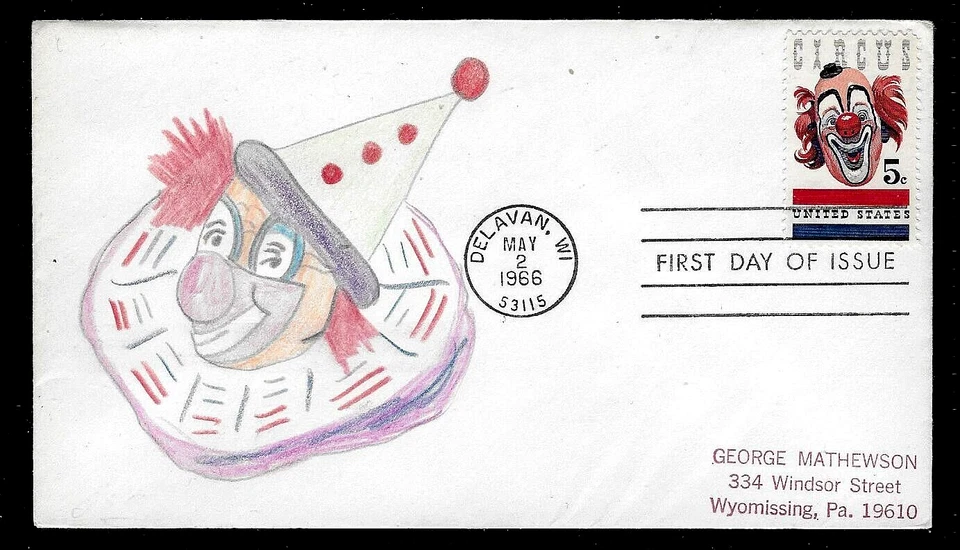 1309 5c Stamp (1966) CIRCUS CLOWN - LOU JACOBS - FDC HD/HP - UNKNOWN - OAK ? - Image 1 of 1