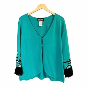 Cárdigan abierto artístico portátil BOB MACKIE verde azulado mangas largas flecos bordados - Imagen 1 de 12