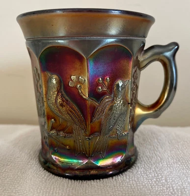 Vintage NORTHWOOD Carnival Glass MUG Singing Birds AMETHYST  *Cracked See Photos - Image 1 of 4