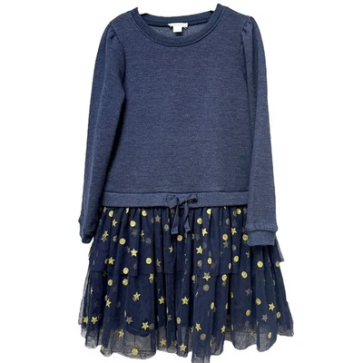 Crewcuts Girls Sweatshirt Mixy Dress Size 7 Stars Tulle Blue Gold Holiday Party - Image 1 of 4