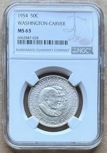 1954 WASHINGTON-CARVER 50C NGC MS 63 COMMEMORATIVO ARGENTO MEZZO DOLLARO - Foto 1 di 2