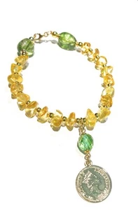 Armband Natur Bernstein & grüne Kristalle Charm Münze Gelbgold von Wa Jewels - Bild 1 von 4