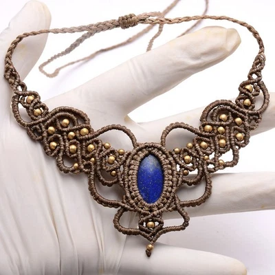 Royal Protector ~ Natural Lapis Lazuli Hand Made Macrame Choker Crystal Necklace - Image 1 of 4