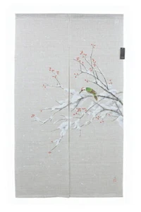 Kyoto Japanese Door Curtain Tapestry Handpaint Linen Hackberry and woodpecker - Picture 1 of 5