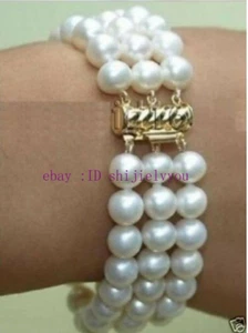 Charming 3 rows natural 8-9mm Akoya white pearl bracelet 7.5" AAA - Picture 1 of 4