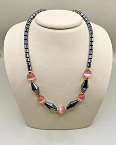 Genuine Black Hematite with pink cats eye quarts beads 18 inch necklace - Picture 1 of 6