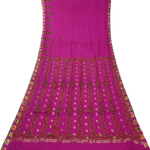 Vintage Purple Sarees 100% Pure Crepe Silk Printed Zari Border Sari 5YD Fabric - Picture 1 of 6
