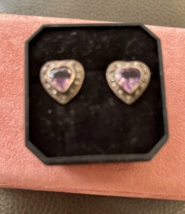 Sterling Silver Amethyst And Marcasite Heart Stud Earrings 925 15mm 15mm - Picture 1 of 3