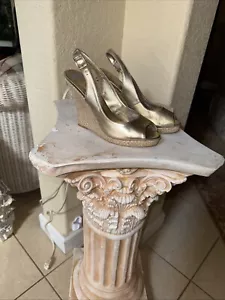 Lilly Pulitzer Gold Metallic Kristin Slingback Raffia Wedge Sandals Size 8 - Picture 1 of 13