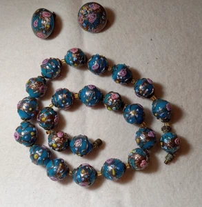 Antike/Vintage venezianische blaue Glas Hochzeitstorte Perlen Halskette, Ohrringe - Bild 1 von 4