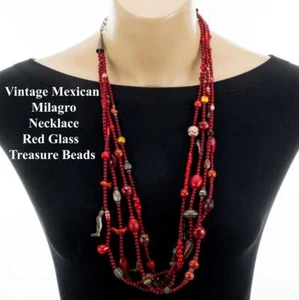 Collar MILAGRO Mexicano Vintage Dijes Esterlina Vidrio Rojo Cuentas Coral 30" Largo - Imagen 1 de 8