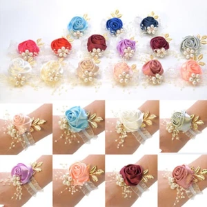 Rose Ribbon Corsage Bracelet Wrist Flowers Wedding Bridesmaid - Picture 1 of 21