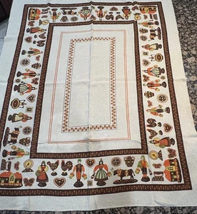 Vintage Linen Tablecloth European Country Scene 46”x58” Orange Brown Yellow - Picture 1 of 11