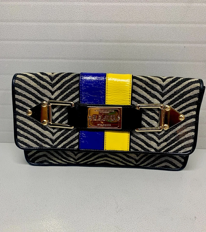 Bolso de Mano Grande LAMB Cebra con Rayas de Cuero Azul/Amarillo x Gwen Stephanie Y2K~Clásico Foto 1 de 4