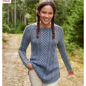 LL BEAN SIGNATURE Sweater Small Cable Knit Fisherman Tunic Oversized Side Zipper - Picture 1 of 14