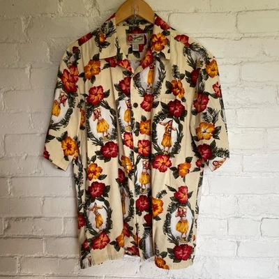 Camisa Hawaiana Original Hilo Hattie Crema Floral Hula Estampado Bailarina Para Hombres Talla L Foto 1 de 4
