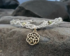 Surfer Thick Hemp Necklace Golden Celtic Knot Pendant - Picture 1 of 3