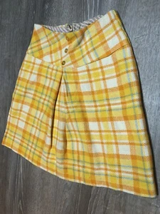 VTG 70’s Yellow Orange White Multi Wool Blend Plaid Preppy Mini Skirt~XS - Picture 1 of 6