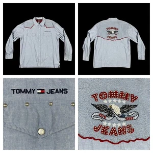 Camisa Occidental Y2K Tommy Hilfiger Para Hombres XL Perla Bordada a Presión Águila Vaquera Usada en Excelente Condición - Imagen 1 de 14