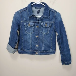 GAP Girls Blue Denim Jean Jacket Distressed Size L Large Cotton EUC Button up - Picture 1 of 6