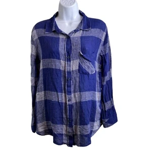 Camisa para mujer Rails azul a cuadros mezcla de lino boho occidental informal de gran tamaño talla M - Imagen 1 de 15