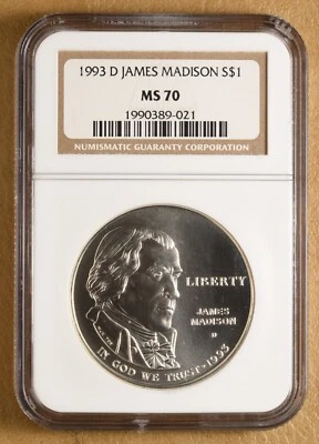 1993 D James Madison Commemorative Silver Dollar NGC MS70 - Image 1 of 2