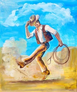 Original Acrylic Painting Dancing Cowboy Painting Western Wall Art Wild West Art - Picture 1 of 6