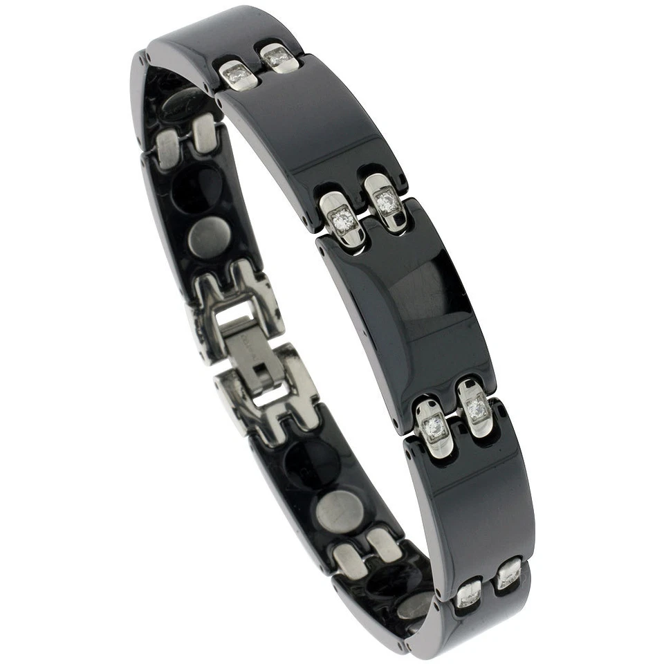 Schwarz Wolframkarbid Keramik Stangen Magnetisch Armband Mit / Cubic Zirkonia - Bild 1 von 1