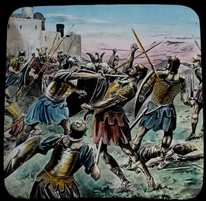 CHRISTLICHE magische Laternenfolie KAMPFSZENE UM 1900 RELIGIÖSE ILLUSTRATION DAVID - Bild 1 von 2