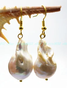 REAL HUGE AAA SOUTH SEA NATURAL WHITE BAROQUE PEARL GOLD DANGLE EARRINGS - Picture 1 of 12