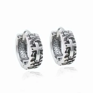 Mens Unisex Silver Cross Huggie Hoop Earrings Stainless Steel Punk Rock Jewelry - Picture 1 of 4